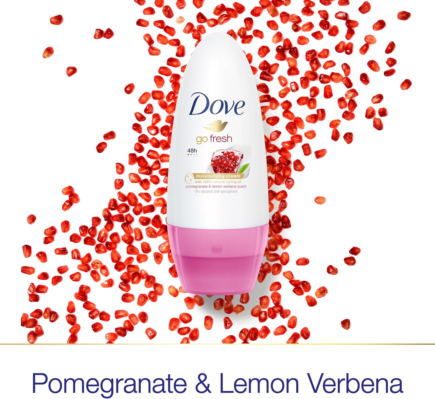 Dove Go Fresh Pomegranate scent deodorant roll-on in 50ml bottle, body care product with a sleek design and pomegranate flavor.