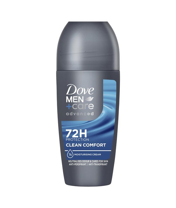 Dove Men Care 72H Clean Comfort deodorant roll-on in a 50ml bottle, designed for long-lasting freshness and body care.