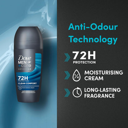 Dove Men Care 72H Clean Comfort deodorant roll-on in 50ml bottle, providing long-lasting freshness and body care for men
