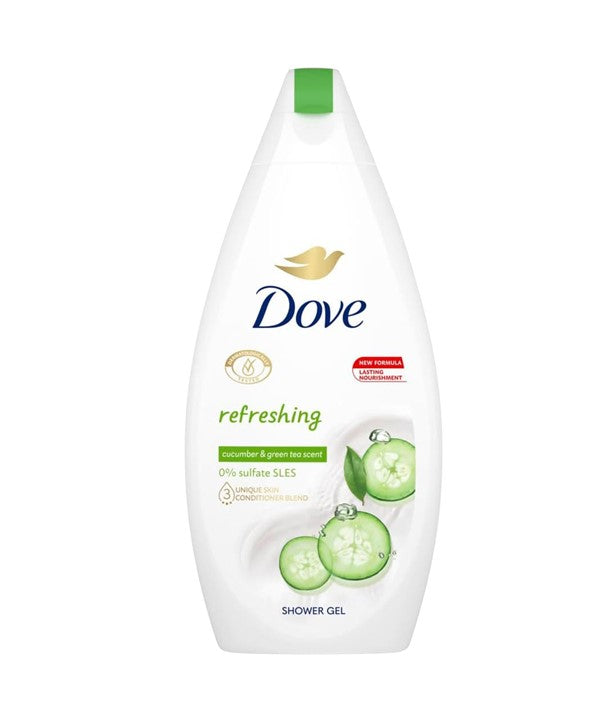Dove Refreshing Cucumber and Green Tea scent shower gel bottle with a green and white label, suitable for bath and shower.