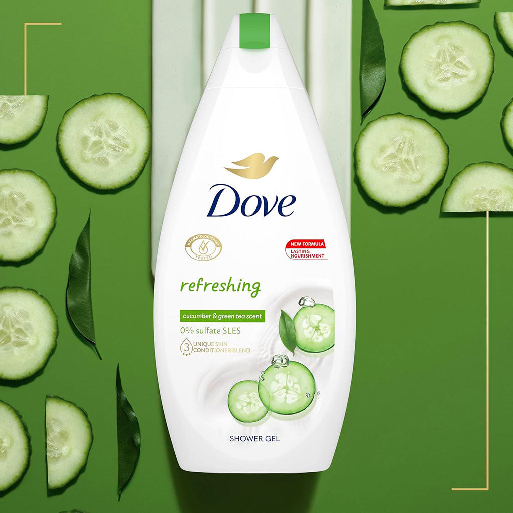 Dove Refreshing Cucumber and Green Tea scented shower gel in a clear bottle with green and white label, for bath and shower use.