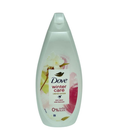 Dove Winter Care Limited Edition body wash in a white bottle with winter-themed label, designed for bath and shower use.