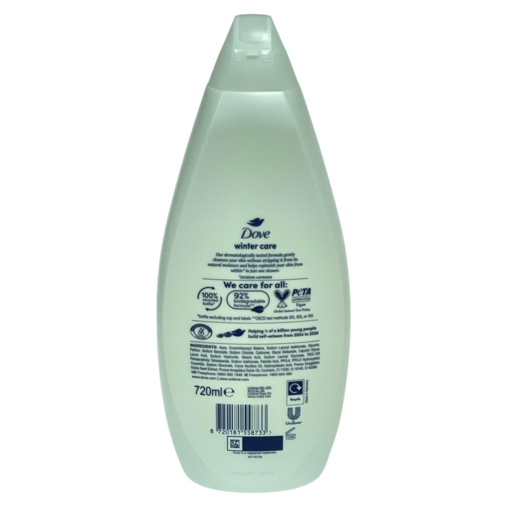 Dove Winter Care limited edition body wash in a white bottle, designed for bath and shower use.