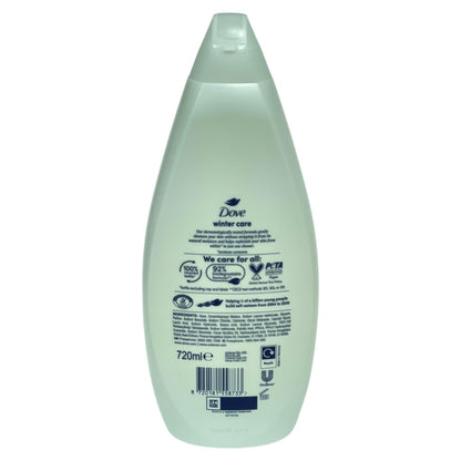 Dove Winter Care limited edition body wash in a white bottle, designed for bath and shower use.