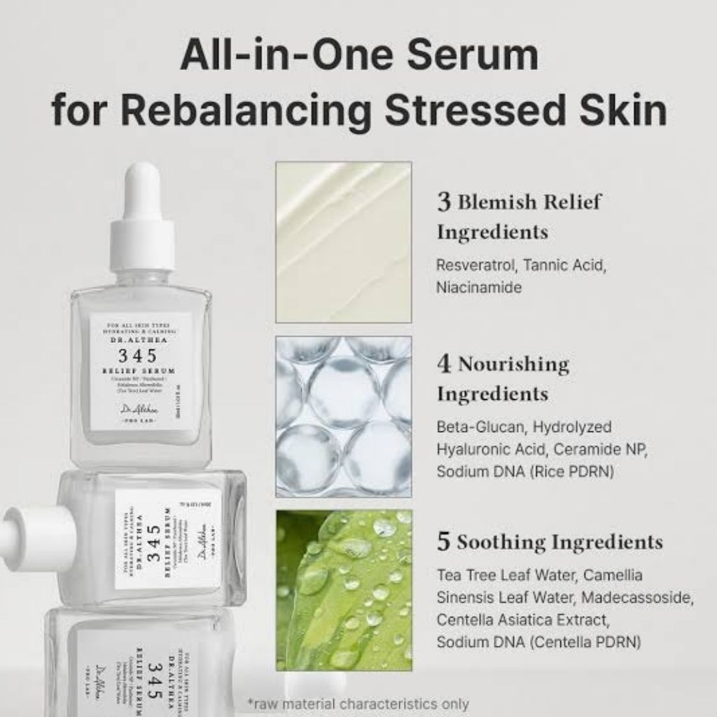 Dr Althea 345 Relief Serum bottle for K-beauty skincare, featuring a clean white design and pink label