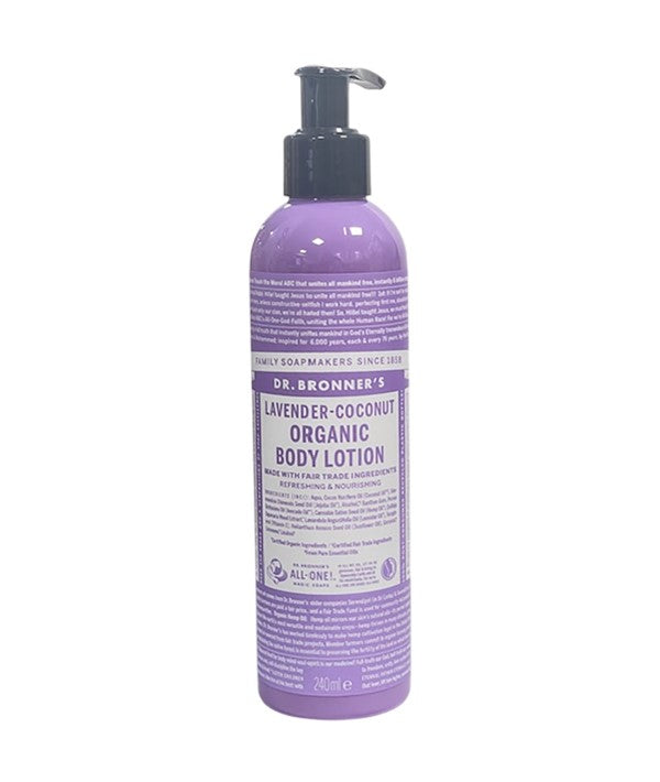 Dr Bronners Lavender Coconut Organic Body Lotion bottle, showing label and pump dispenser for all-in-one body care.