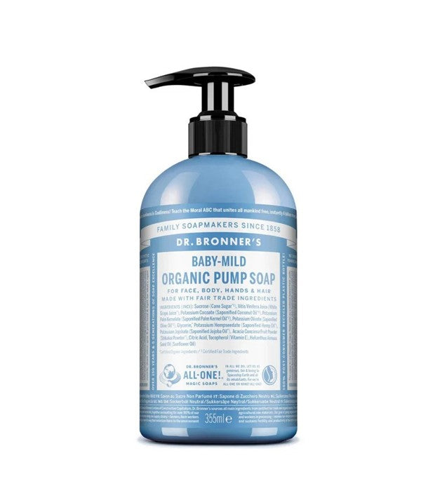 Dr Bronners Baby Mild Organic Pump Soap in 710ml bottle, gentle organic bath and shower soap for babies and sensitive skin.