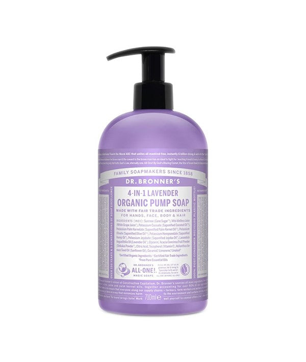 Dr Bronners Lavender Organic Pump Soap for bath and shower, 710ml bottle with lavender-scented liquid soap