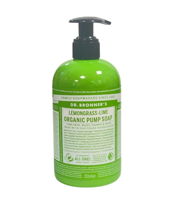 Dr Bronners Lemongrass Lime organic pump soap for bath and shower, showcasing the bottle with label and pump dispenser.