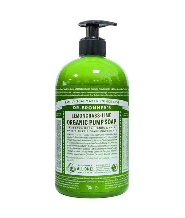 Dr Bronners Lemongrass Lime organic pump soap for bath and shower, 710ml bottle with green and yellow label.