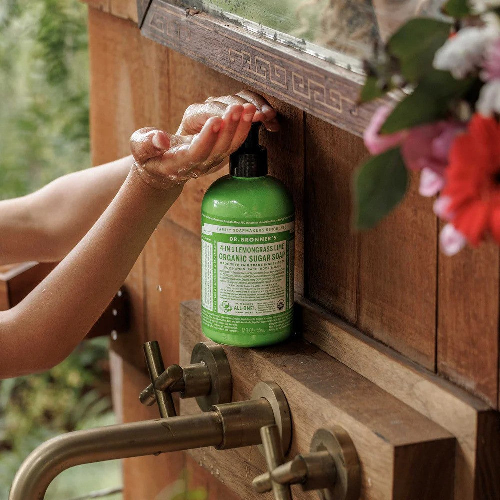 Dr Bronners Lemongrass Lime organic pump soap for bath and shower in a 710ml bottle, with a fresh citrus and herbal scent.