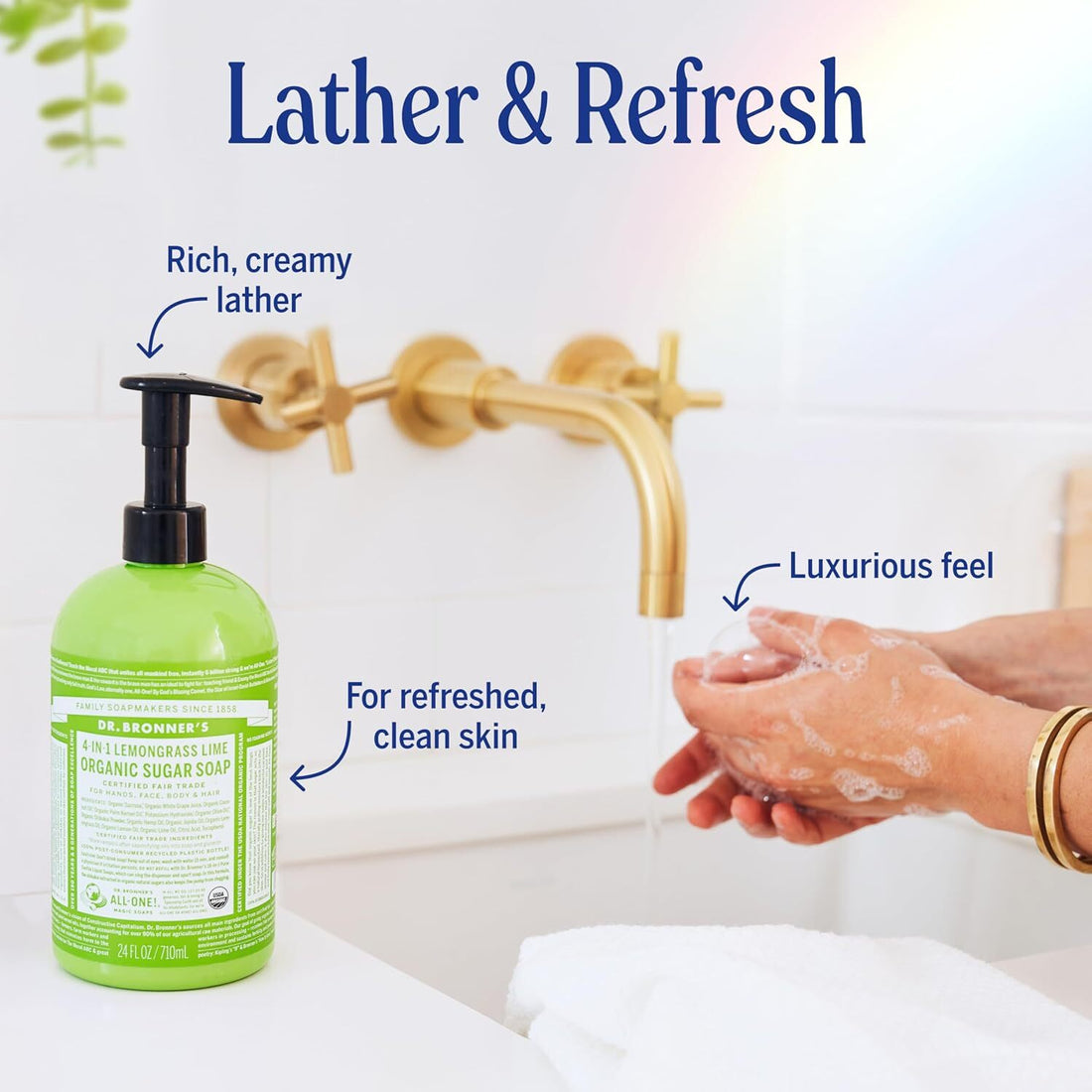 Dr Bronners Lemongrass Lime organic pump soap in 710ml bottle for bath and shower use, featuring fresh citrus and herbal scent.