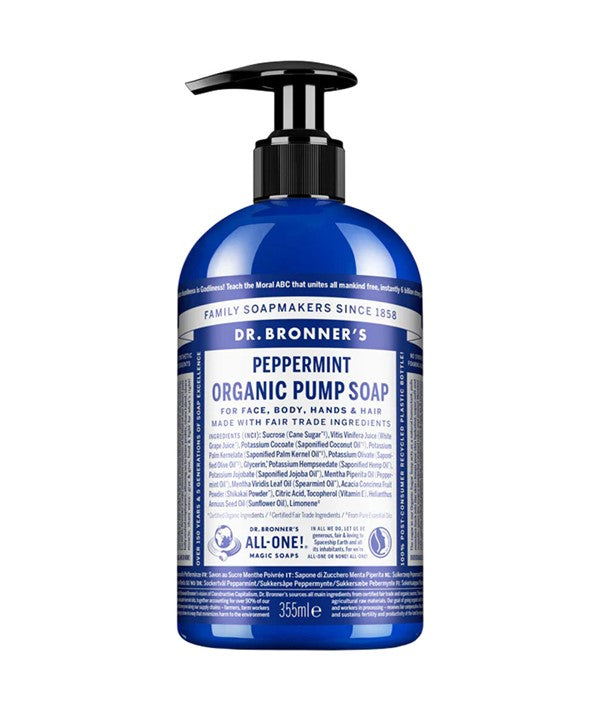 Dr Bronners Peppermint Organic Pump Soap for bath and shower, featuring a clear pump bottle with white label and green accents.