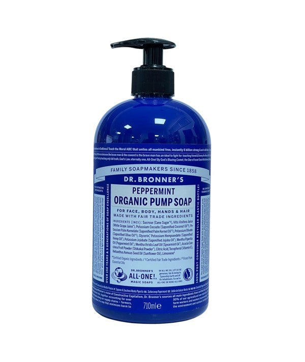 Dr Bronners Peppermint Organic Pump Soap for bath and shower, 710ml bottle with minty soap visible in pump dispenser.
