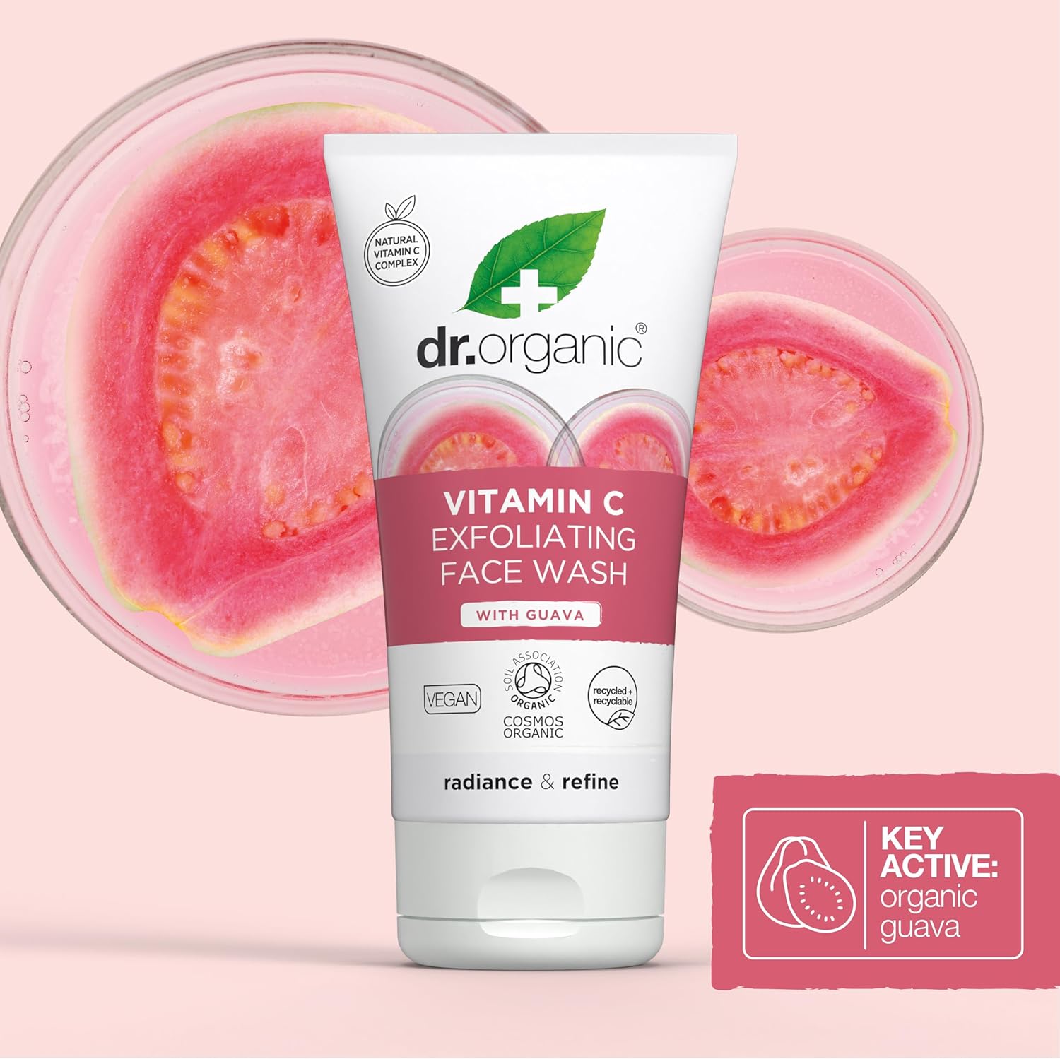 Dr Organic Organic Guava Exfoliating Face Wash in a pump bottle with natural ingredients and exfoliating beads for gentle skin cleansing.