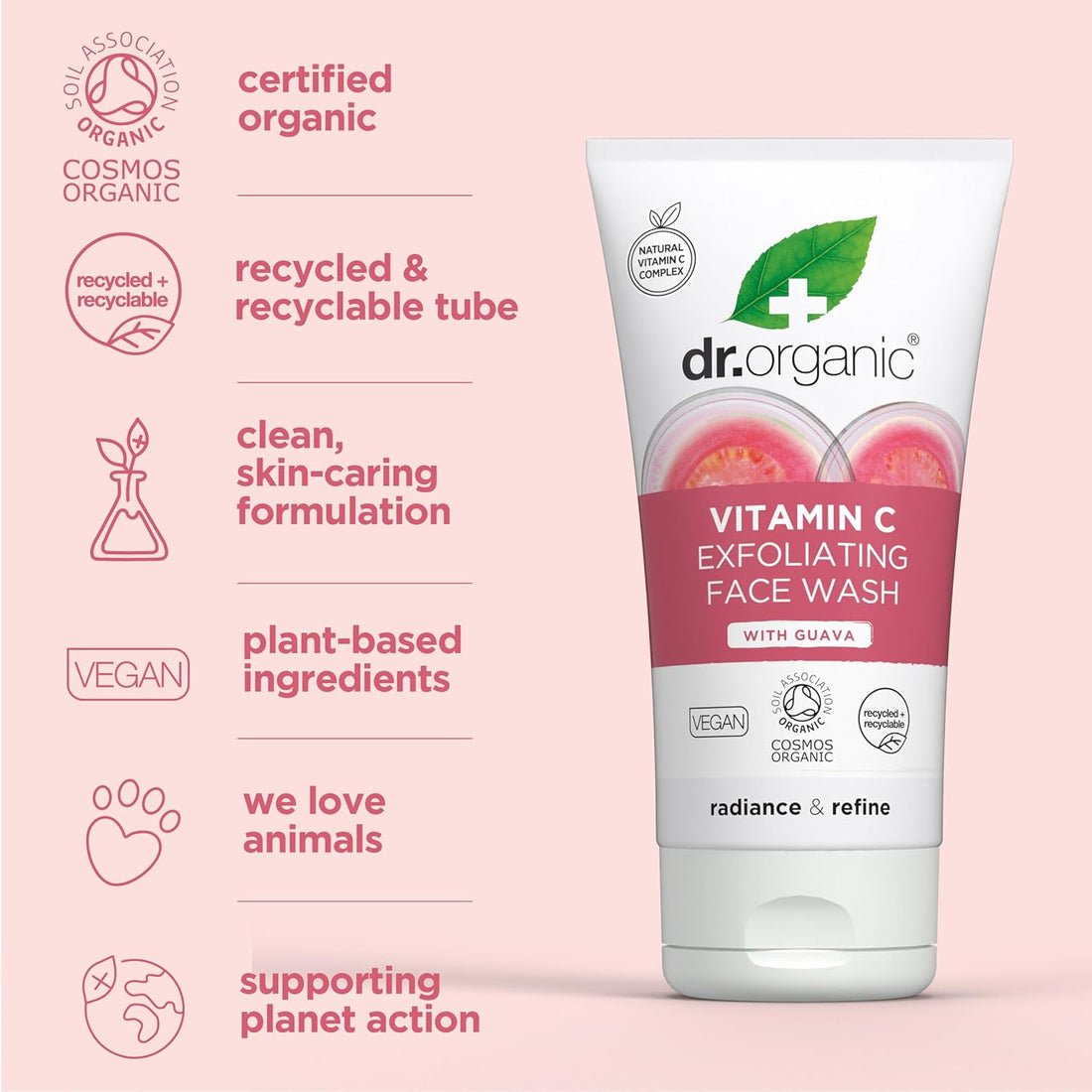 Dr Organic Organic Guava Exfoliating Face Wash in a tube, featuring fresh guava fruit and natural exfoliant particles.