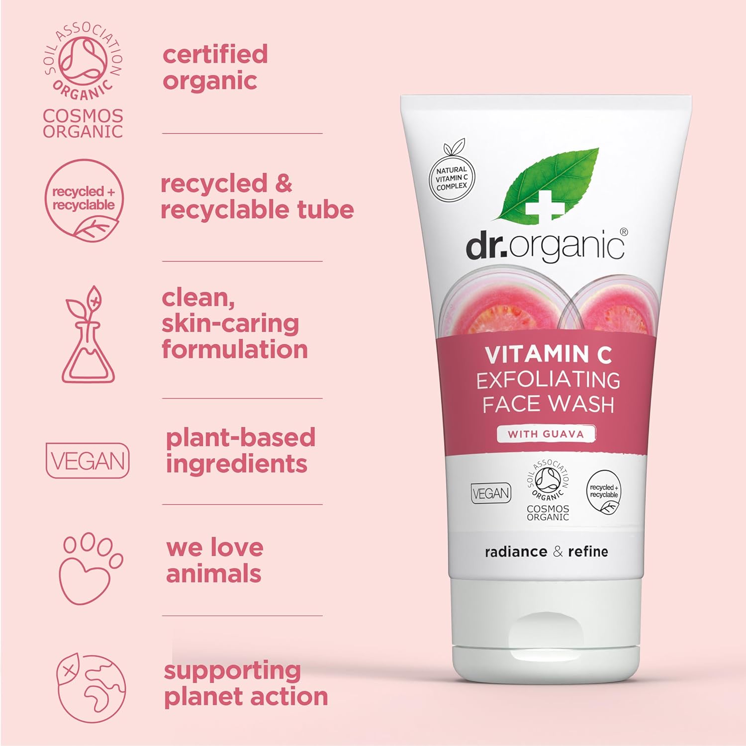 Dr Organic Organic Guava Exfoliating Face Wash from Skin Basics line, showing a tube of natural exfoliating facial cleanser.