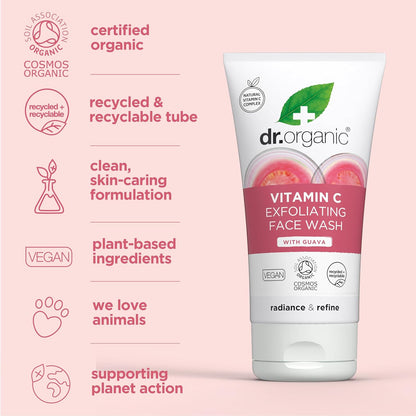 Dr Organic Organic Guava Exfoliating Face Wash from Skin Basics line, showing a tube of natural exfoliating facial cleanser.