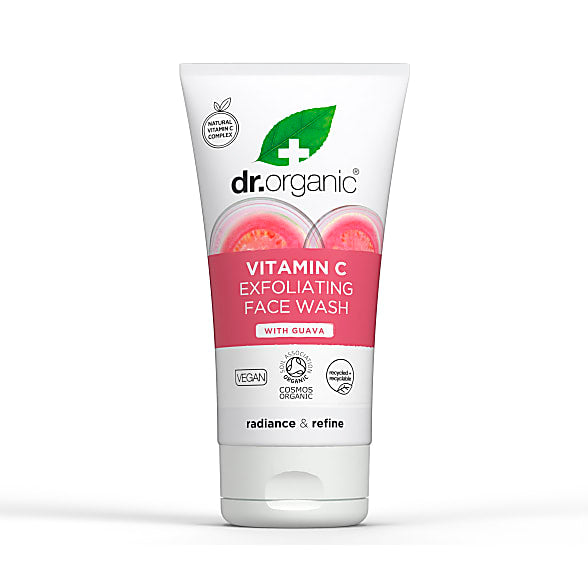 Dr Organic Organic Guava Exfoliating Face Wash from Skin Basics, showing a clear bottle with guava extract and exfoliating beads