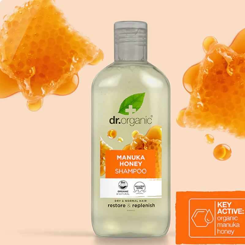Dr Organic Restore and Replenish Manuka Honey Shampoo bottle with label, natural ingredients, and clean design.