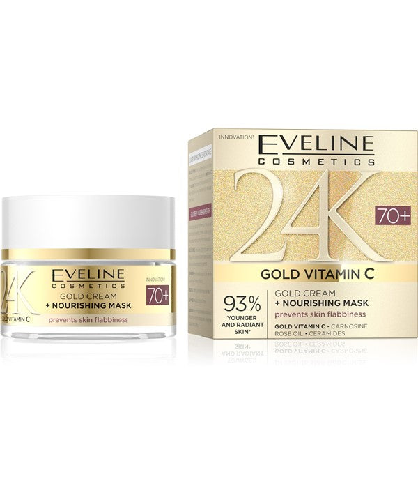 Eveline 24K Gold Vitamin C 70 Plus Gold Moisturiser in a 50ml jar, featuring gold accents and a smooth cream texture.