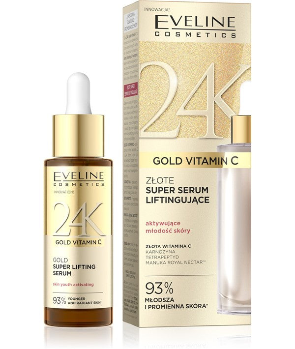 Eveline 24K Gold Vitamin C Super Lifting Serum bottle with gold accents, designed for moisturizing and skin lifting.