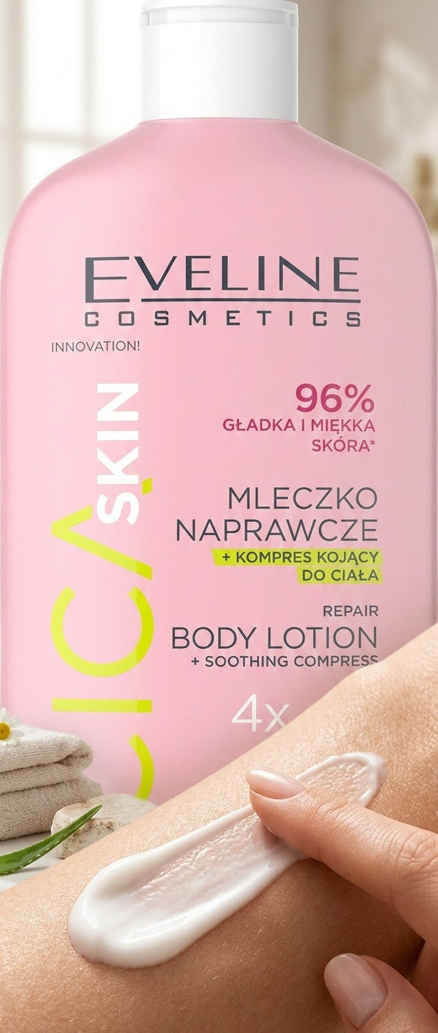 Eveline Cica Skin Repair Body Lotion bottle with pump dispenser, designed for soothing and repairing skin.