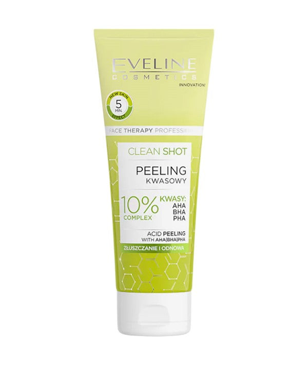 Eveline Clean Shot Face Acid Peeling with 10% acid complex, shown in a skincare bottle with applicator tip for professional skin exfoliation.