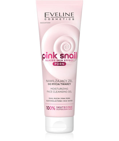 Eveline Pink Snail Moisturizing Face Cleansing Gel from Skin Basics line, showing clear gel with pink tint in a pump bottle.