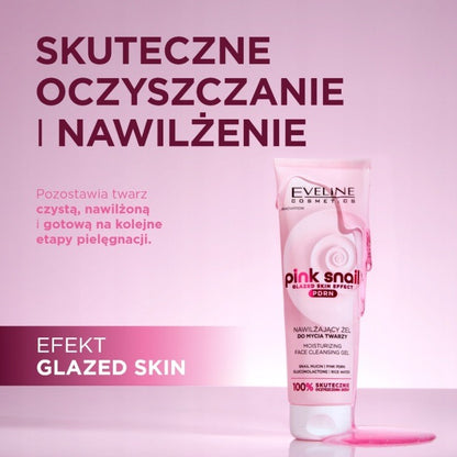 Eveline Pink Snail Moisturizing Face Cleansing Gel in a clear tube with pink accents, showing the product label and packaging.