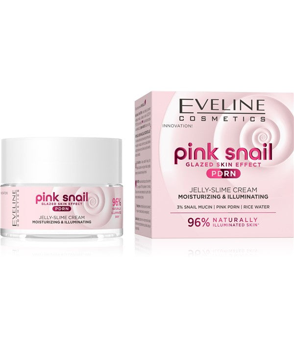 Eveline Pink Snail Moisturizing Jelly Slime Cream in a pink jar, showcasing its smooth, hydrating texture and pink packaging.