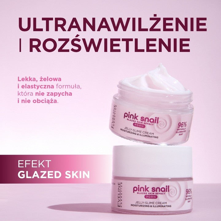 Eveline Pink Snail Moisturizing Jelly Slime Cream in a pink jar, showing the smooth, glossy texture of the moisturizer.