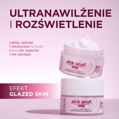 Eveline Pink Snail Moisturizing Jelly Slime Cream in a pink jar, showing the smooth, glossy texture of the moisturizer.