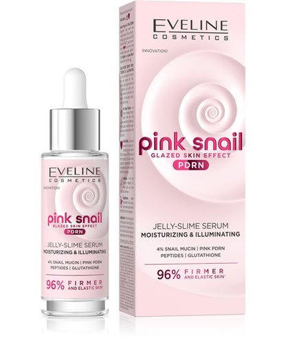 Eveline Pink Snail Moisturizing Jelly Slime Serum in a clear jar, showcasing its pink, gel-like texture for skincare hydration.