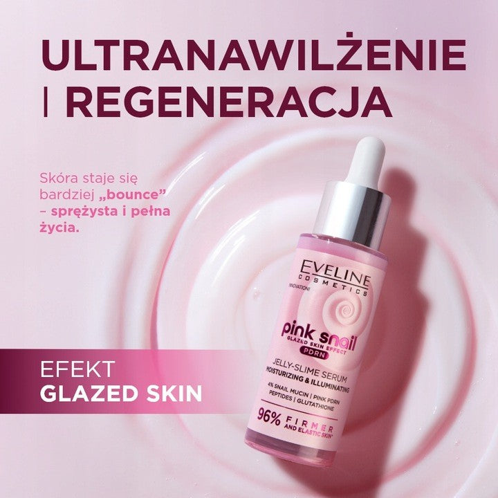 Eveline Pink Snail Moisturizing Jelly Slime Serum bottle with pink label and clear gel texture, designed for skincare hydration.
