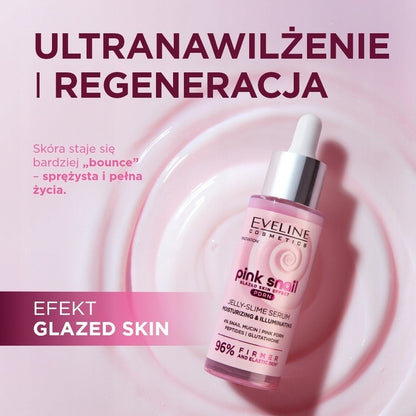 Eveline Pink Snail Moisturizing Jelly Slime Serum bottle with pink label and clear gel texture, designed for skincare hydration.