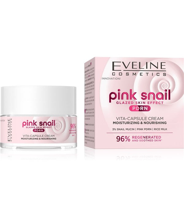 Eveline Pink Snail Moisturizer with Vita Capsules in a jar, showing the pink cream inside, designed for hydrating and nourishing skin