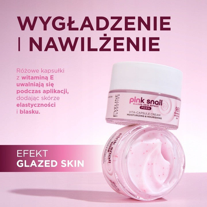 Eveline Pink Snail Moisturizer with Vita Capsules in a jar, showing the cream&