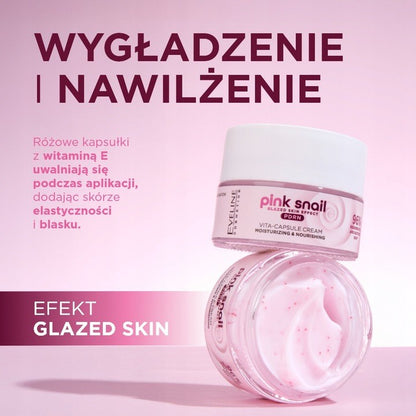 Eveline Pink Snail Moisturizer with Vita Capsules in a jar, showing the cream&