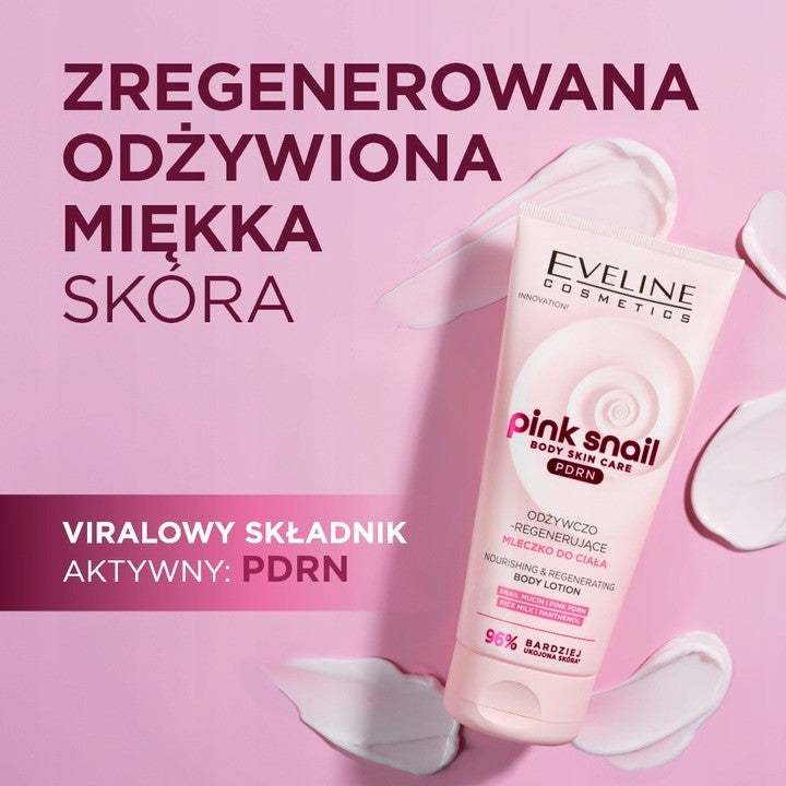 Eveline Pink Snail Nourishing Body Lotion bottle, 200ml, featuring pink packaging and a smooth, hydrating body care formula