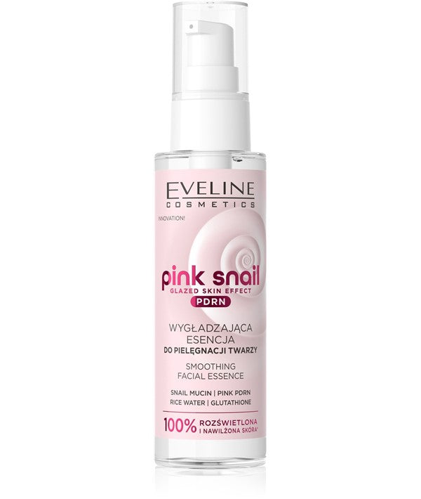 Eveline Pink Snail Smoothing Facial Essence 100ml in a clear bottle with pink accents, designed for moisturizing and skin smoothing.