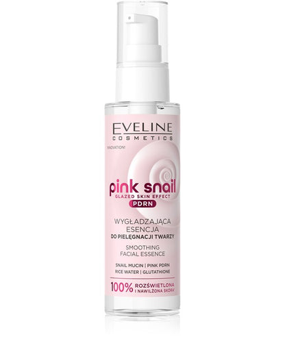 Eveline Pink Snail Smoothing Facial Essence 100ml in a clear bottle with pink accents, designed for moisturizing and skin smoothing.