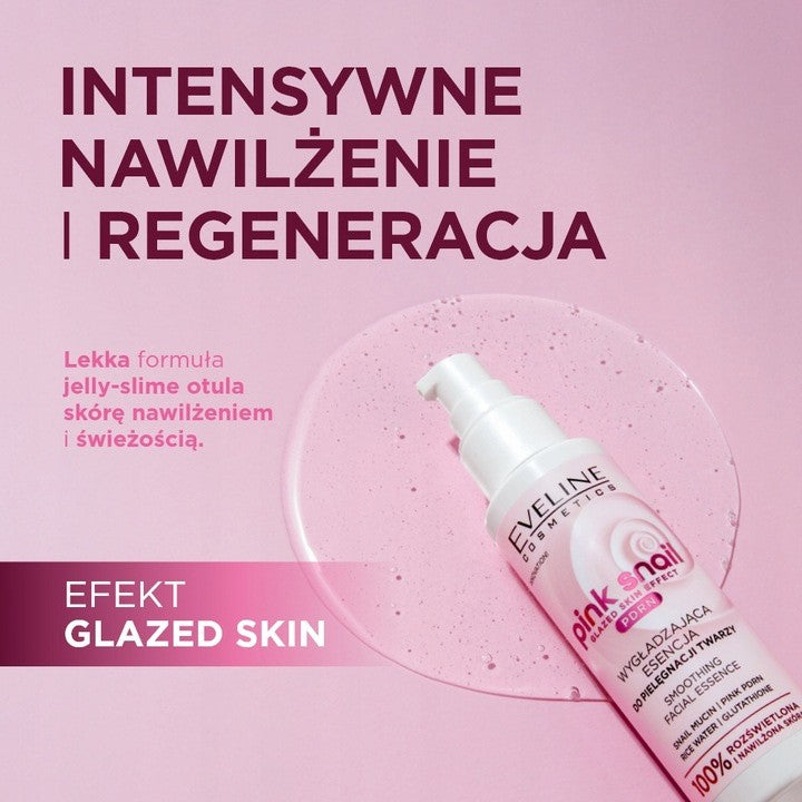 Eveline Pink Snail Smoothing Facial Essence in a 100ml bottle, showing the moisturizing essence with pink packaging and product label.