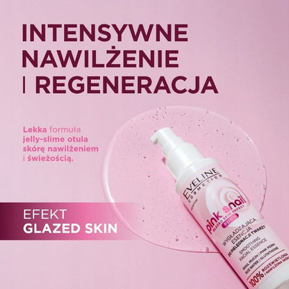 Eveline Pink Snail Smoothing Facial Essence in a 100ml bottle, showing the moisturizing essence with pink packaging and product label.
