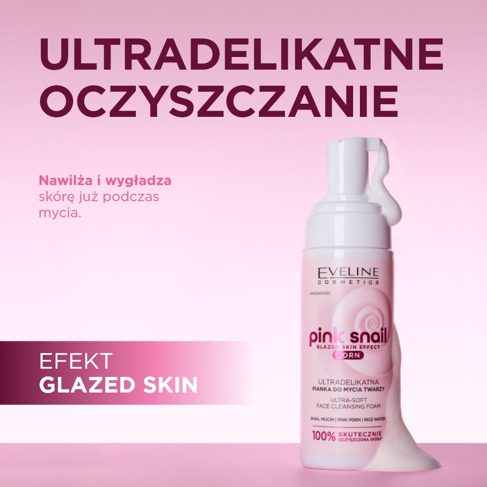 Eveline Pink Snail Ultra Soft Face Cleansing Foam in a 150ml bottle, designed for gentle facial cleansing and skin care.