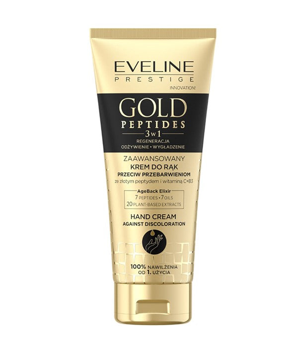 Eveline Prestige Gold Peptides 3 in 1 hand cream tube showing luxurious packaging and product label.