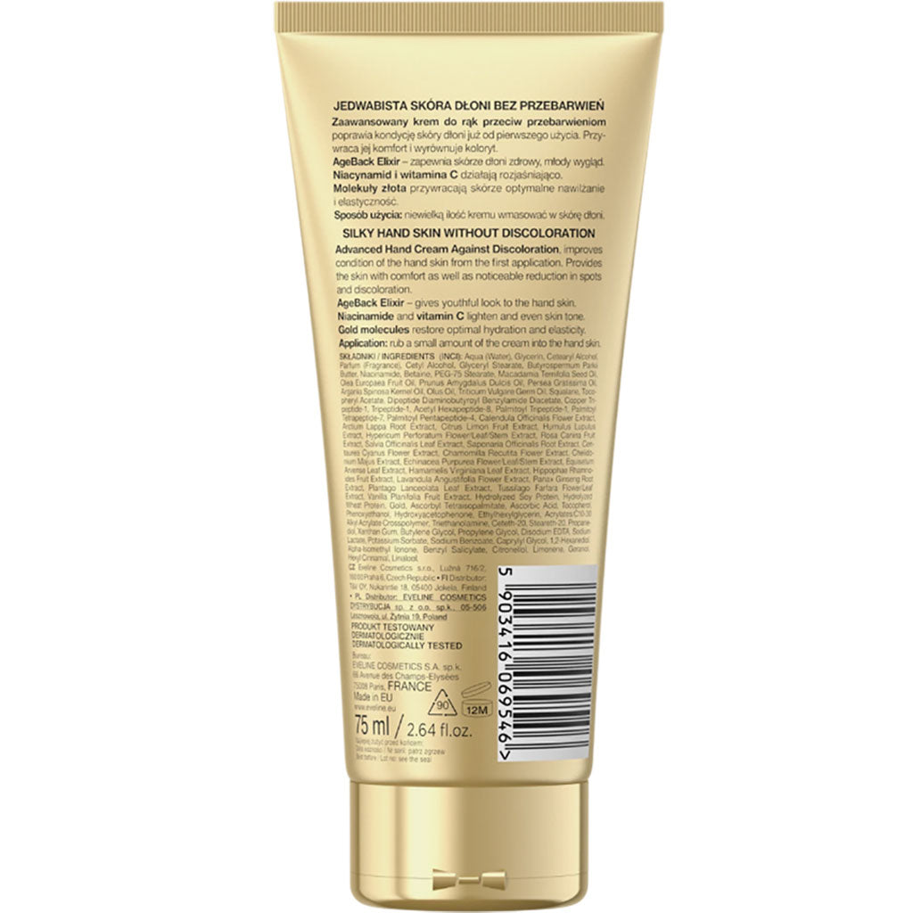 Eveline Prestige Gold Peptides 3-in-1 hand cream in a tube, showcasing luxurious gold packaging and smooth, creamy texture.