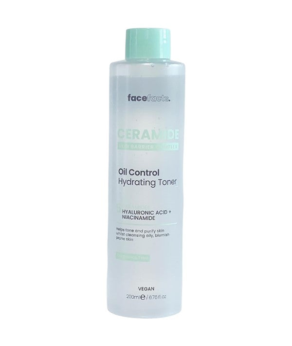Face Facts Ceramide Oil Control Hydrating Toner in a clear bottle with a pump dispenser, designed for balanced, hydrated skin.