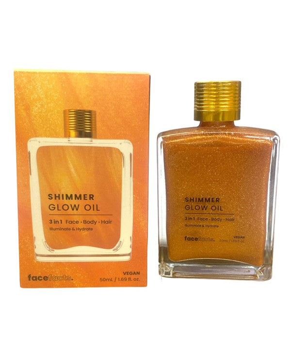Face Facts 3-in-1 Shimmer Glow Oil for body care, featuring a sleek bottle with shimmering glow formula and radiant finish.