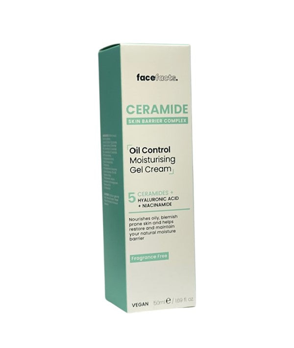 Face Facts 5 Ceramide Oil Control Moisturising Gel Cream in a jar, showing smooth, lightweight body care moisturizer with ceramide formula.